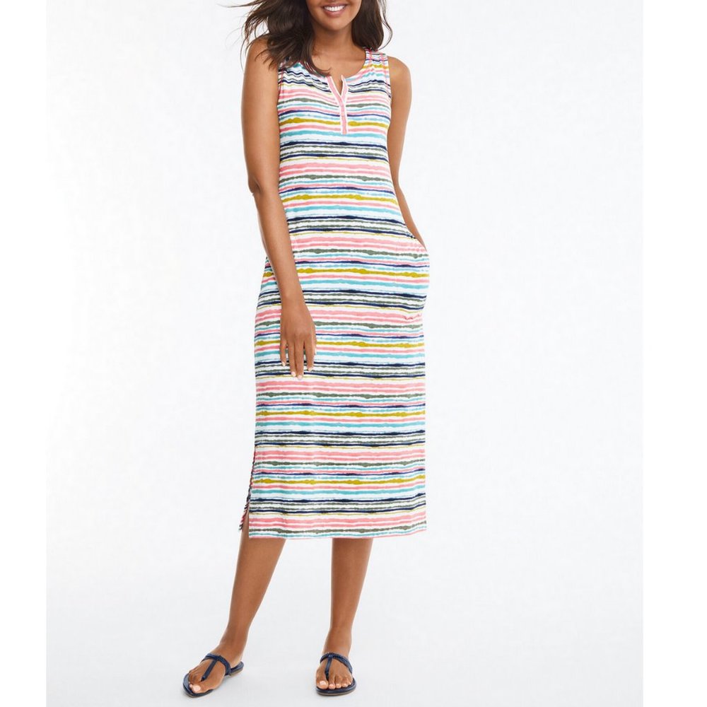 TALBOTS MULTICOLOR SLEEVELESS PAINTERLY STRIPE HENLEY MIDI DRESS